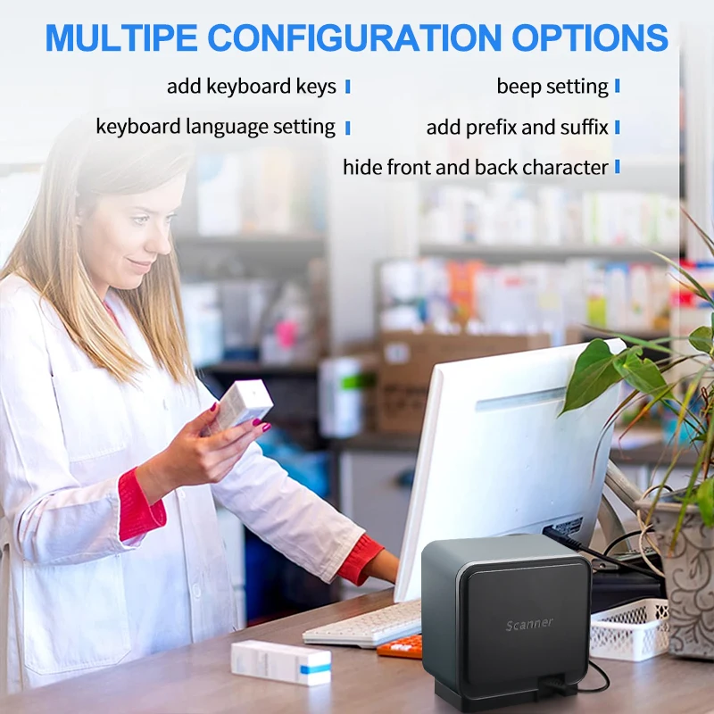 2D Handsfree Barcode Scanner QR Omnidirectional Desktop Scanner, USB Wired  Big Scan Window Barcode Reader