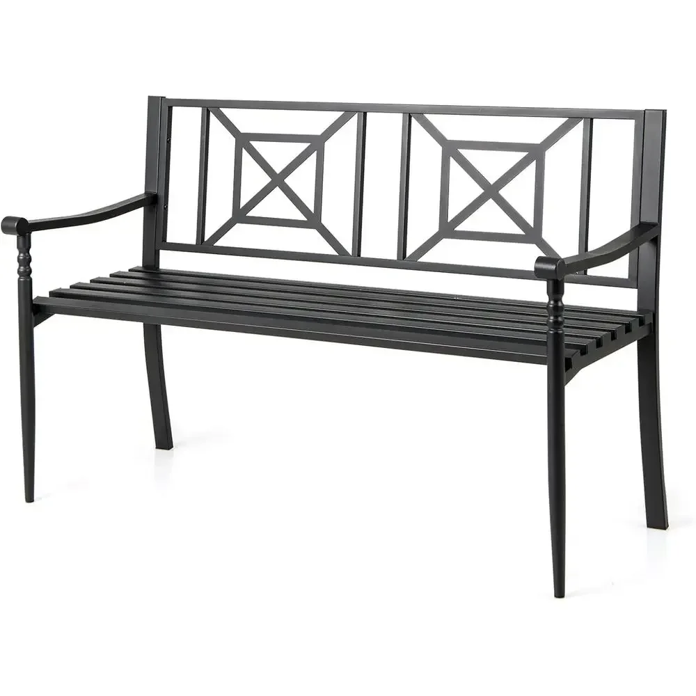 Durable Outdoor Bench with Backrest, Curved Armrests, Non-Slip Foot Pads, Slatted Seat for 2-3 People, 660lbs Capacity, Suitable