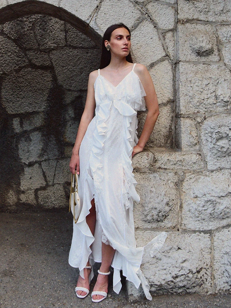 Boho Spitzenkleid mit Rüschen für Damen, Sommer 2026, asymmetrisches, geschlitztes langes Kleid, sexy, durchsichtig, Partykleid, Strandkleid