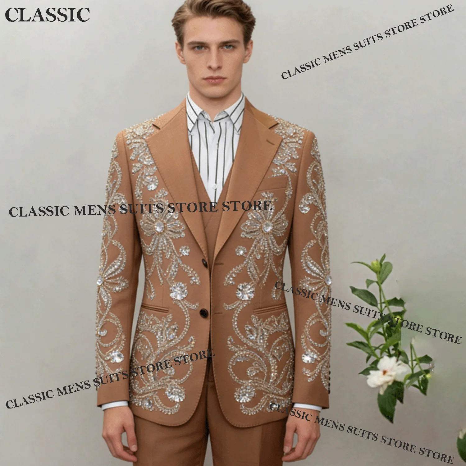 

Customized Handmade Diamond Men suit Luxury Sequin Gem For Wedding Groom Male Prom Party Formal Blazer 3 Pieces Set Tuxedos Slim
