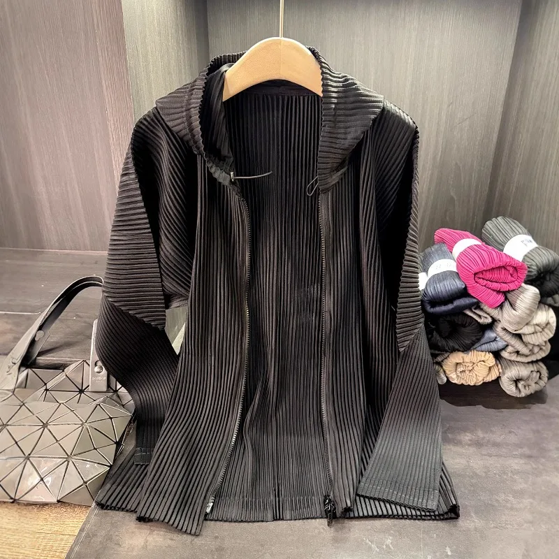 Miyake Geplooid Rits Vest Jas Dames Met Capuchon 2025, Herfst Nieuwe Veelzijdige Casual Geplooide Effen Kleur Dunne Blouse Dameskleding