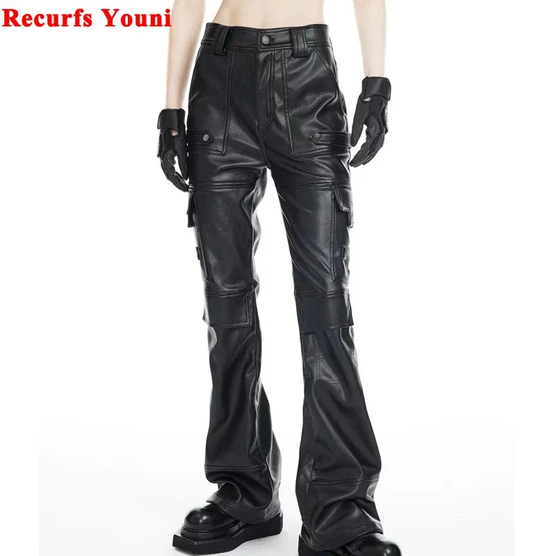 

Leather Genuine Cargo Pants For Women 2024 Spring Multiple Pockets Floor Length Micro Fared Trousers Streetwear Cool Personality