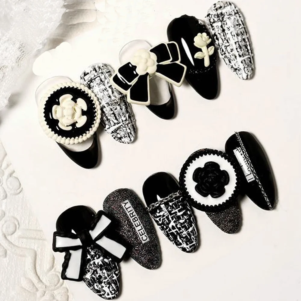 10pcs Black White Bowknot Nail Art Charms 3D French Luxurious Metal Alloy Bows With Flower Nail Rhinestone DIY Nail Accessories