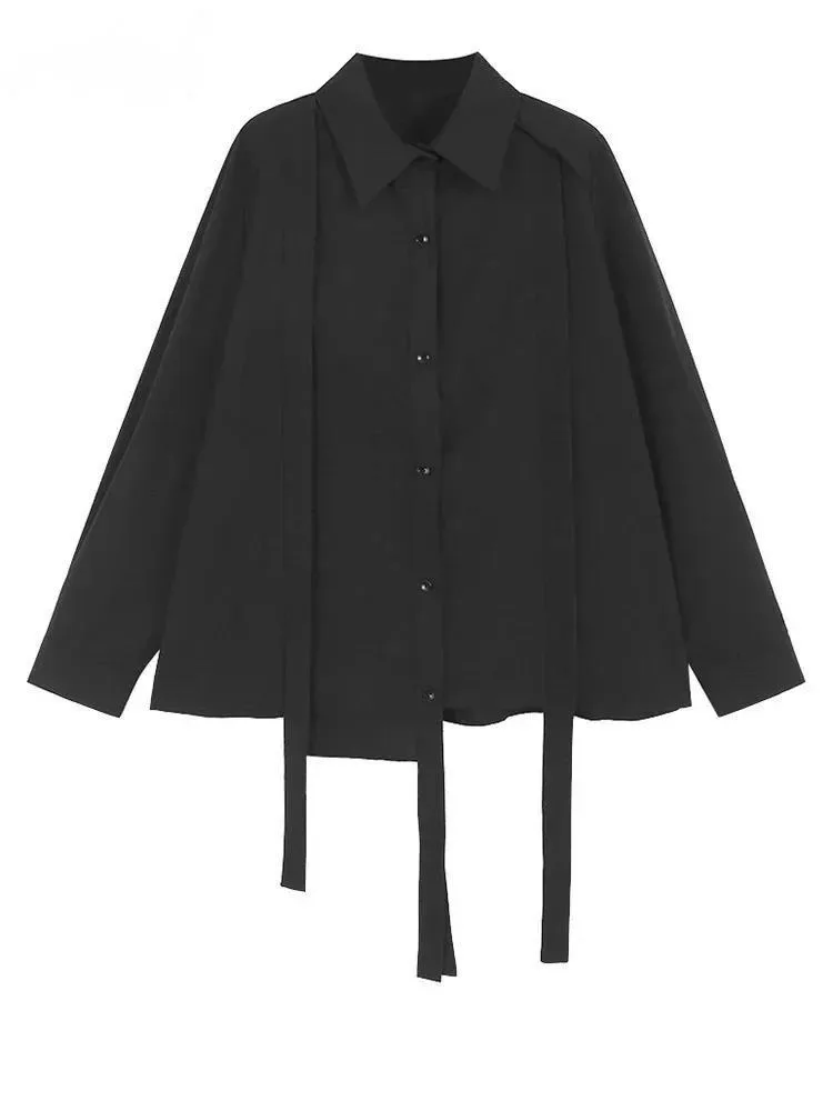 

Women Black Irregular Ribbons Big Size Casual Blouse New Lapel Long Sleeve Shirt Fashion Tide Spring Autumn