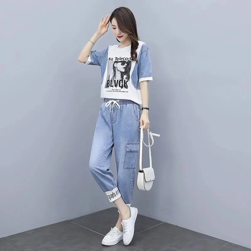 Cowboy Suit Women\'s Spring Autumn 2024 New Summer Set Fashion Casual Sportswear 2PCS Temperament Jeans Two-Piece Blouse Female