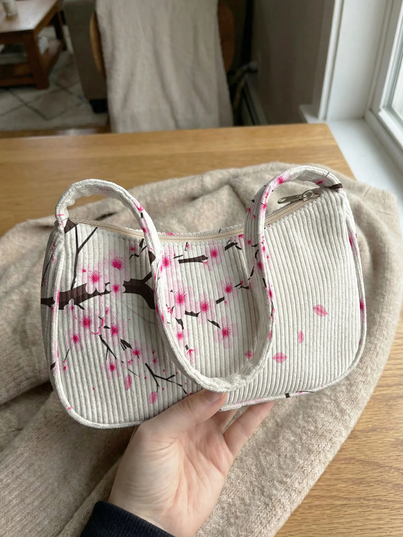 Trendy Cherry Blossom Print Shoulder Bag, Corduroy Underarm Bag for Daily Casual Use