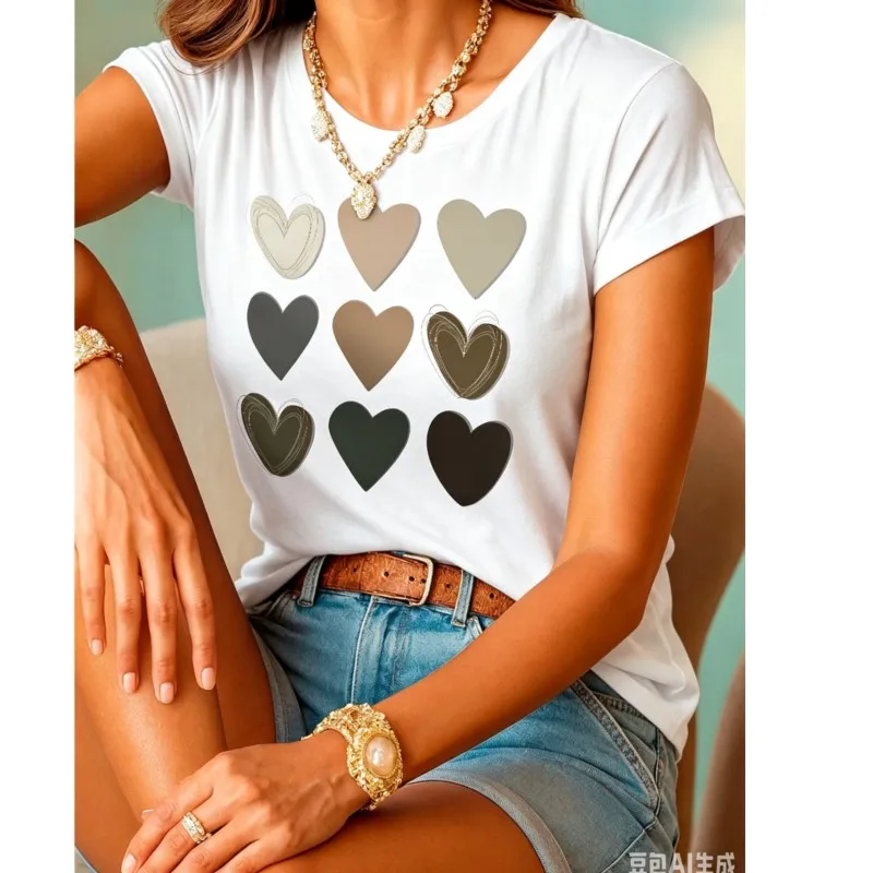 

T-shirts For Women 2026 Summer Cotton Print Heart Loose And Slimming Design Tops Cost-effective Daily Life Women's Clothes