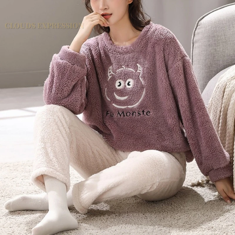 Winter New Plush Women\'s Pajamas Sets Thick Fleece Cartoon Printed Sleepwear Velvet Homewear Kawaii Girsl Pijamas Mujer Pyjama