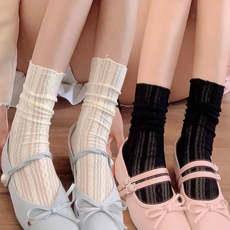 

2pairs Women's Mesh Lace Hollow Out Long Socks Japanese Summer Thin Casual Basic Sweet Girls Fashion Retro Solid Female Socks