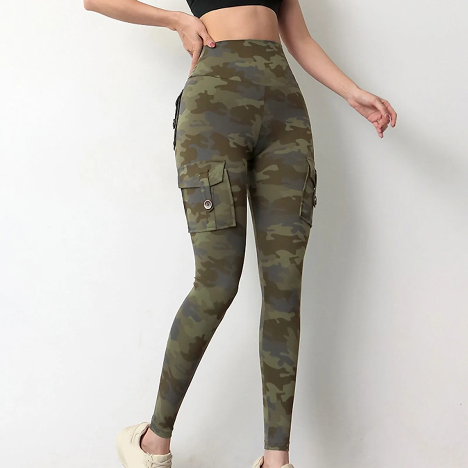 

Casual Yoga Pants For Women Camouflage Workwear Pocket Peach Hip Lifting Fitness High Waist Quick Overalls