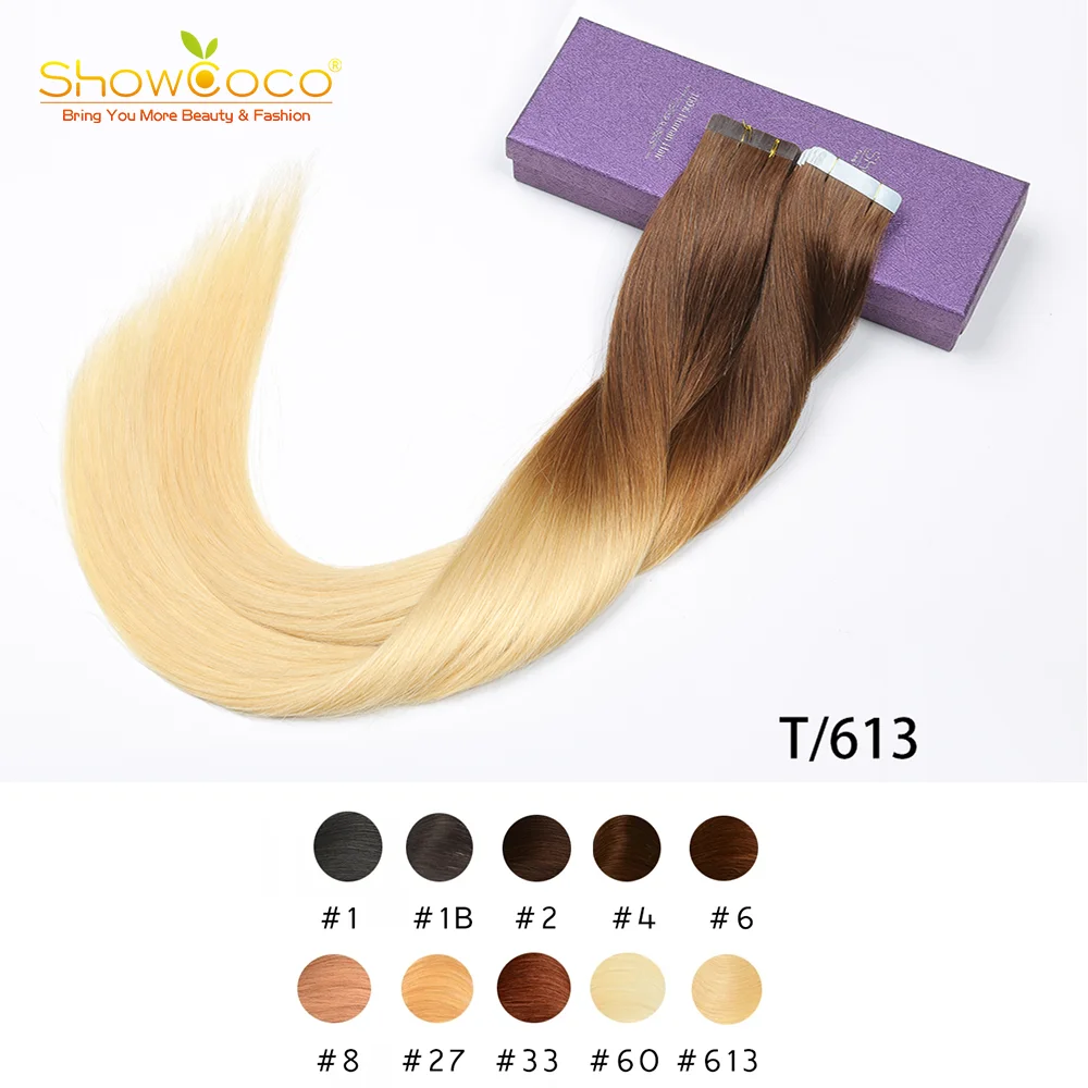 Showcoco-fita em extensões de cabelo para mulheres, 100% cabelo remy, invisível dupla face, cor loira, cabelo humano colorido, 14 \