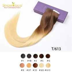 Showcoco Tape in Hair Extensions 100% Remy Hair Invisible Double Sided Blond Color And Colorful Human Hair 14