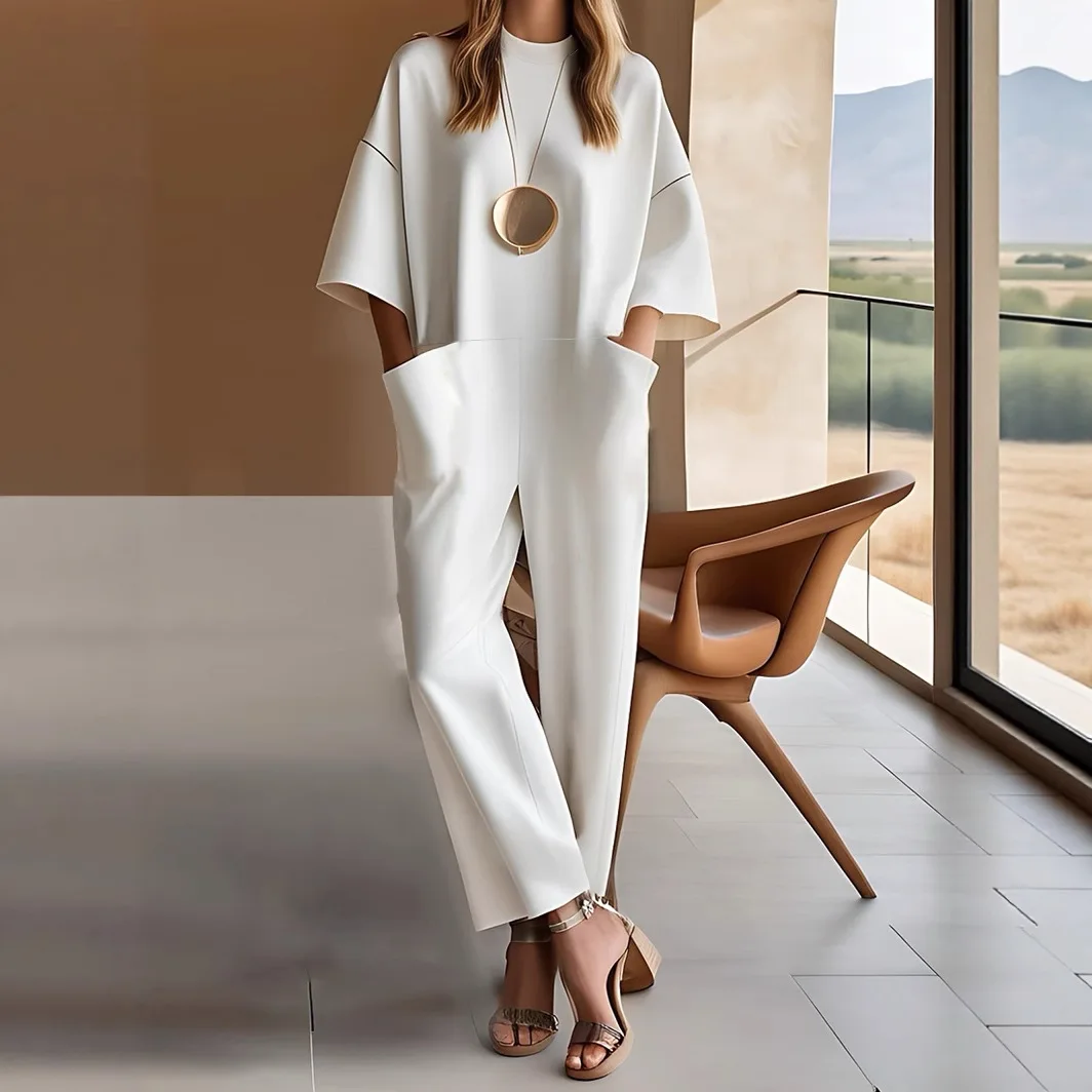 

2025 European and American Style Crew Neck Short Sleeve Pocket Solid Color Long Jumpsuit
