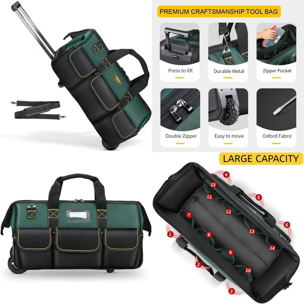 

22 Inch Rolling Tool Bag with Adjustable Handle, 15 Pockets, Green and Black, Ideal for Tool Organization and Storage