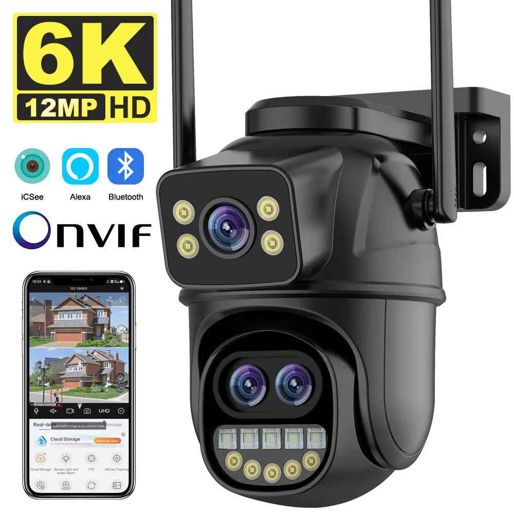 야외 와이파이 홈 보호 보안 카메라, PTZ CCTV 비디오 감시, 8MP IP 캠, 6K, 12MP, 8X 줌, 3 렌즈 듀얼 스크린, Icsee 