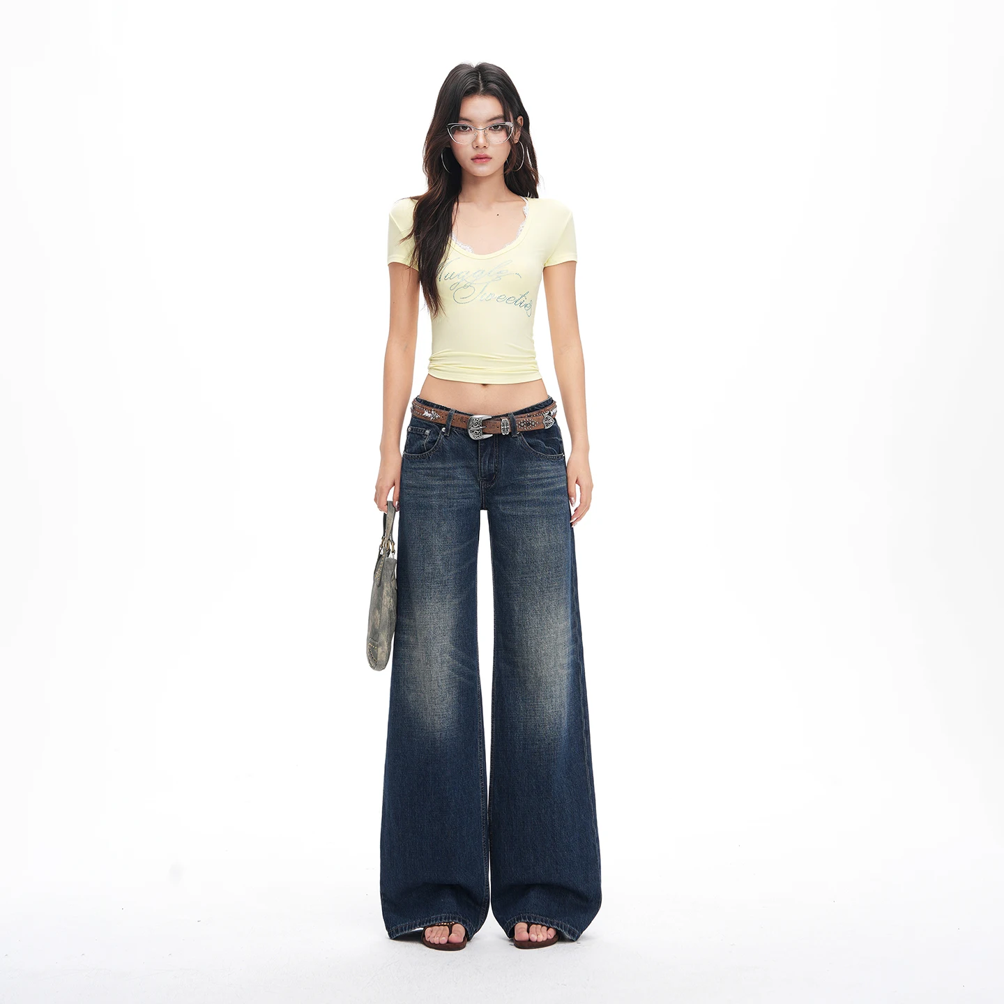 

Women's Bamboo Blue Straight Leg Raw Washed Jeans Spring Summer New Basic Versatile