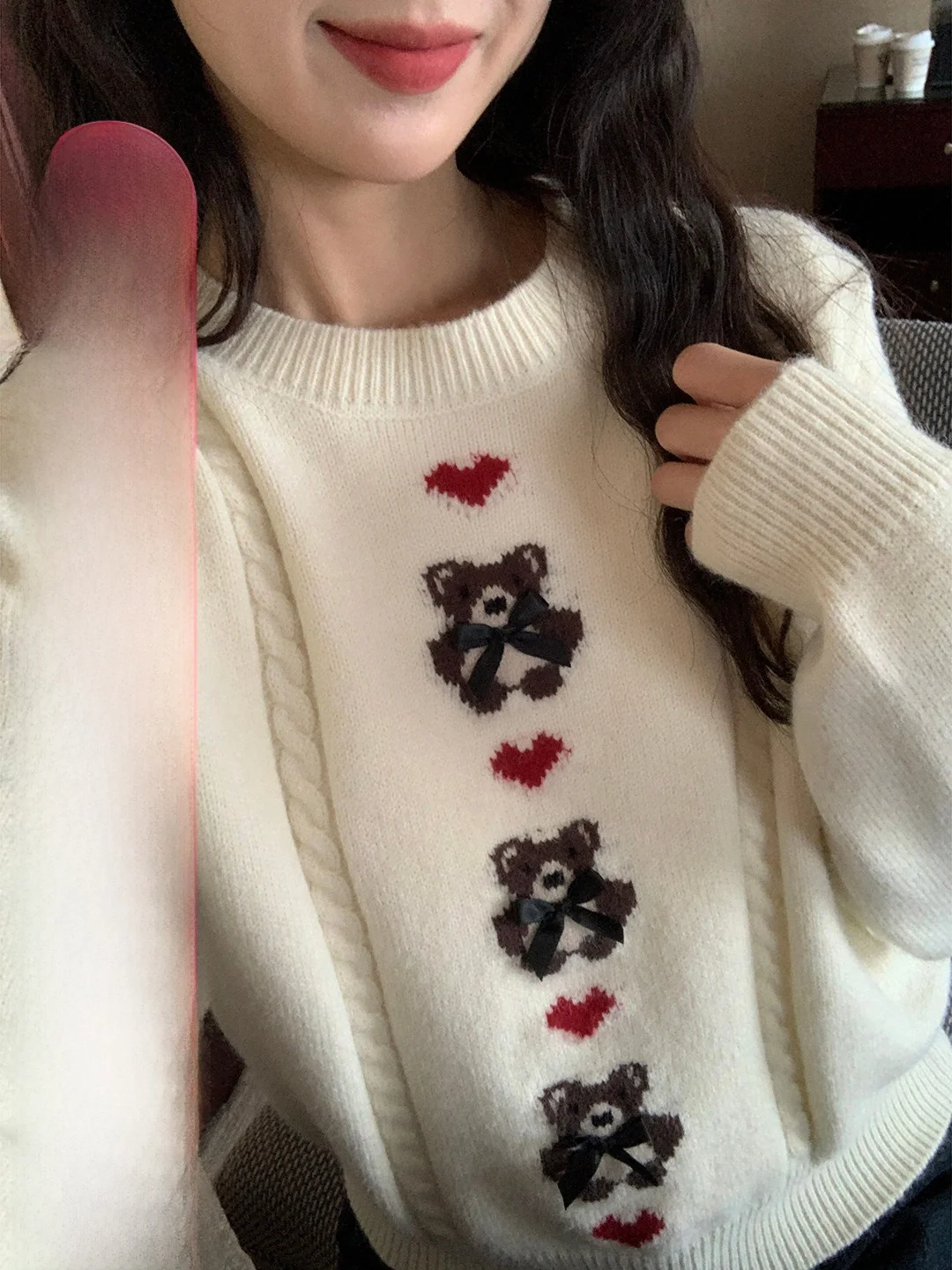 

Lu Fre Heart Bear Sweater Loose Casual Versatile Korean Sle Winter Long Sve Knitted Soft Breathable Women's Top