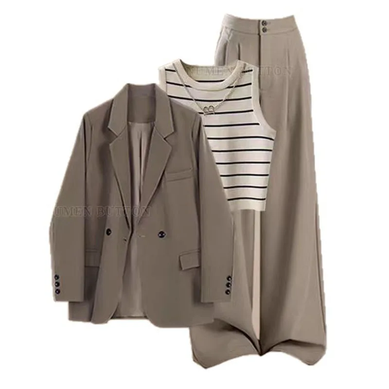 Professional suit, women's Korean suit jacket, striped camisole with high waist and wide leg pants, three piece set pant sets