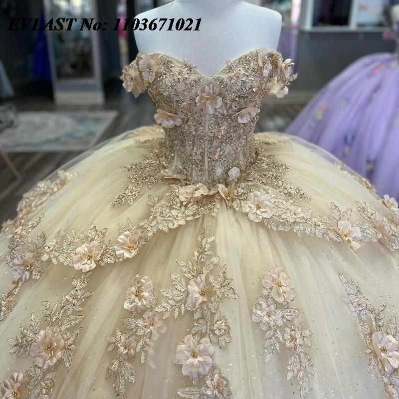 EVLAST-vestido De quinceañera con purpurina, Apliques De encaje, cristales De cuentas, dulce, 16 Vestidos De XV, 15 años, SQ107