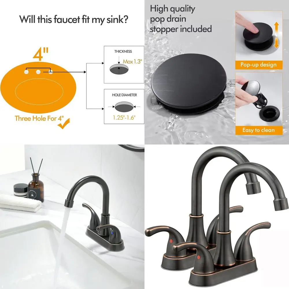 

Pair of 4 Oil-Rubbed Bronze 2-Handle Bathroom Sink Faucets with Pop-Up Drains and Hoses