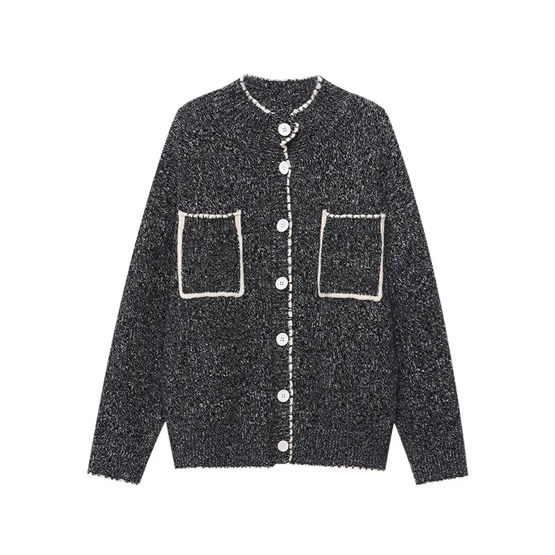 UMI MAO Tops de moda otoño nueva moda doble bolsillo Color bloque cuello redondo perezoso suéter de punto suelto chaqueta