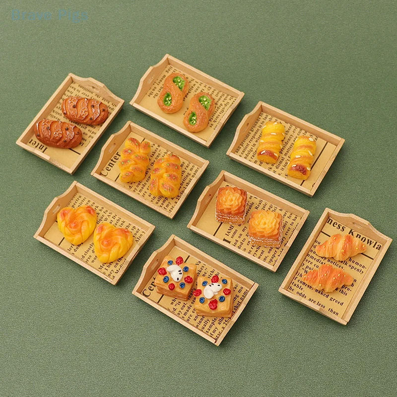 4Pcs/set Handmade Dollhouse Miniature Food Toys Wooden Tray Double Ear Plate Bread Model Decoration Kitchen Accessories