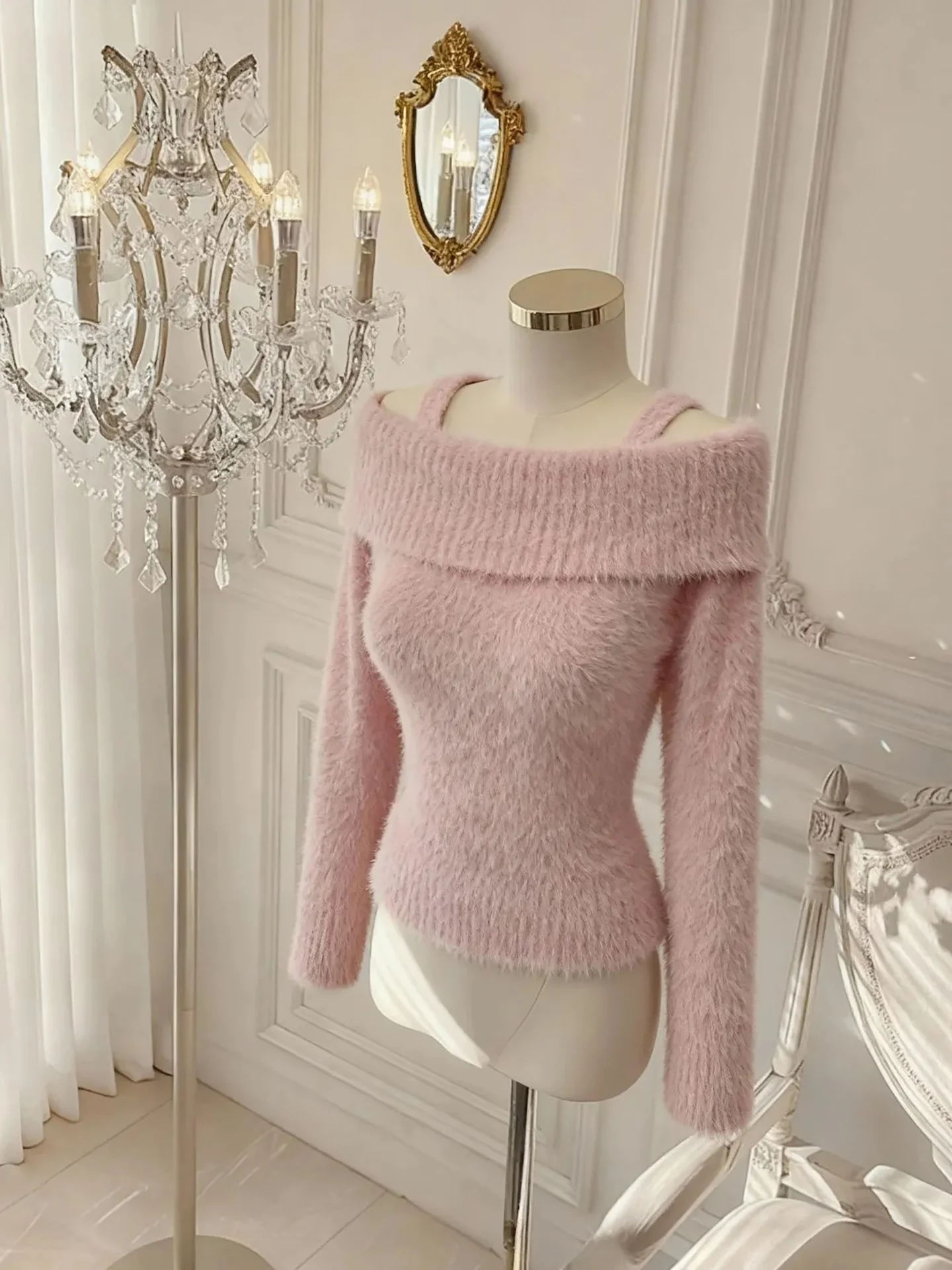 Pull rose mignon pour femme, haut coréen paresseux, chaud, une épaule, polyvalent, doux et confortable, nouvelle collection hiver