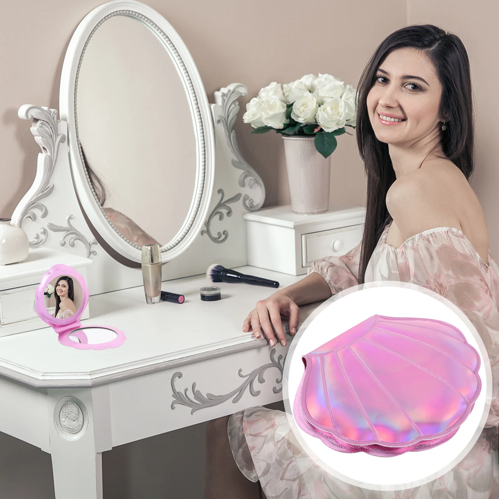 

Shell Shape Makeup Mirror PU Case Double Side High Definition Reflective Compact Mirror for Daily Use Rosy