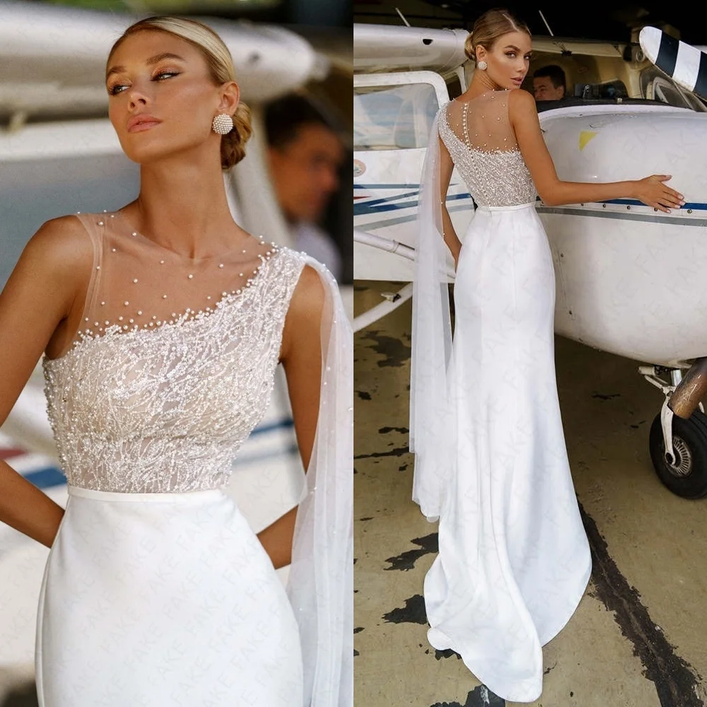 

Customized Delicate White Jersey Wedding Dress Elegant Graceful Crew Neck Sleeveless Bridal Gowns Modern Vestido De Novia