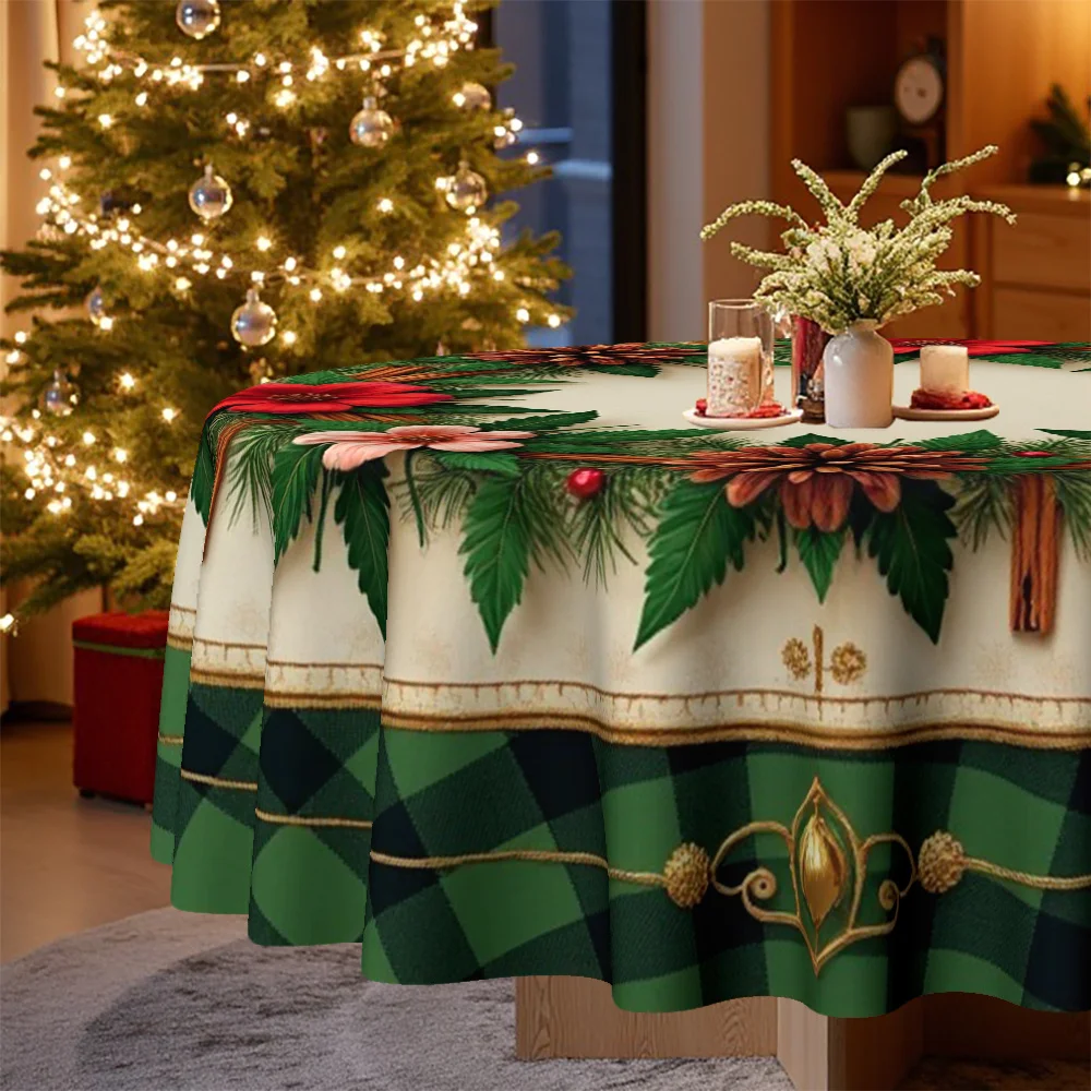 1 round tablecloth, specially designed for Christmas and holiday celebrations, featuring festive flowers and pine cone wreaths