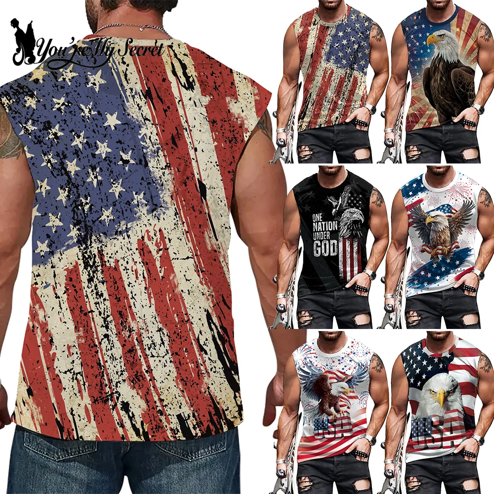 [You're My Secret] Men Patriotic Sleeveless Tank Top Vintage USA Flag Bald Eagle Print Vest Casual O-Neck Top Gym Streetwear