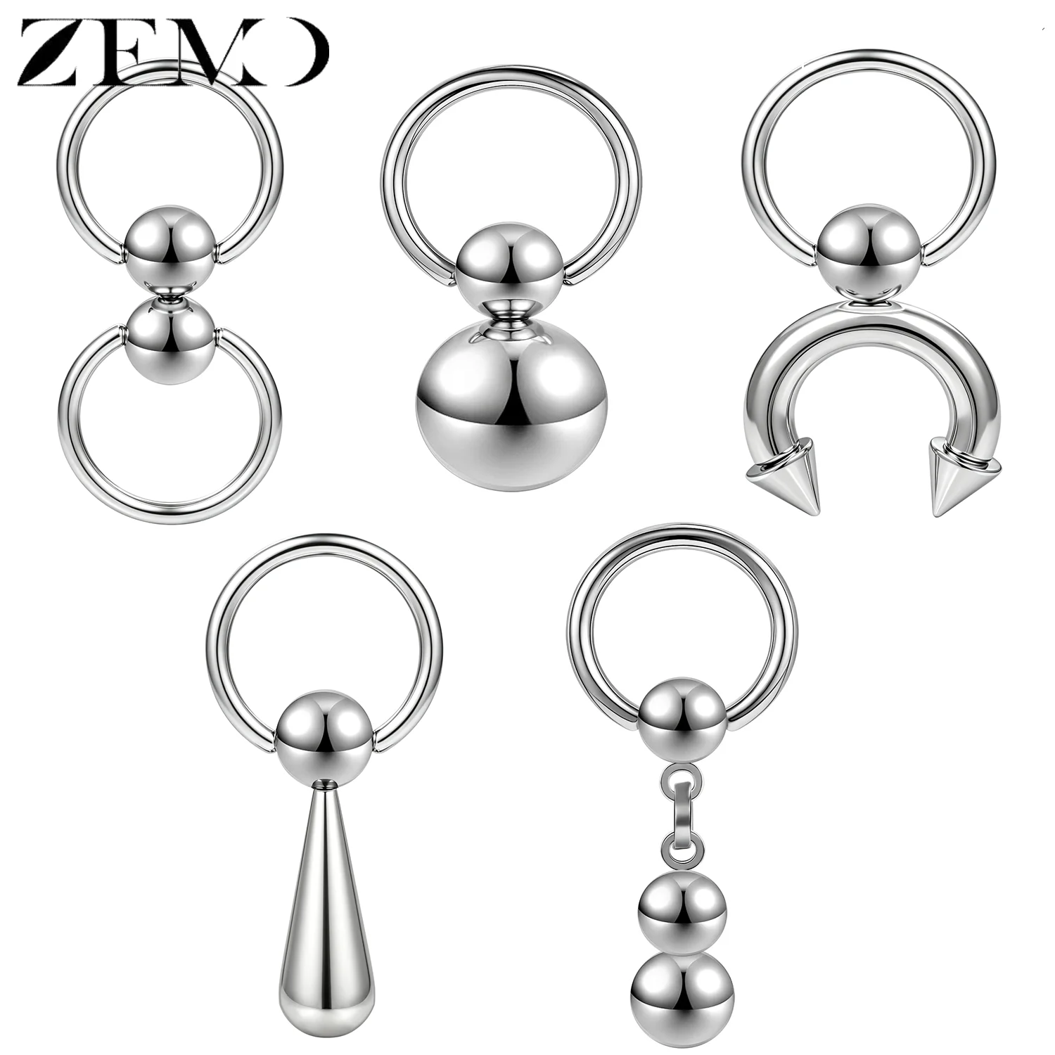 ZEMO 1 Stück 14G/12G Nippelring aus Edelstahl mit Doppelkugel und Spike-Anhänger, Nippelpiercing, Tragus-Ohrring, Körperschmuck