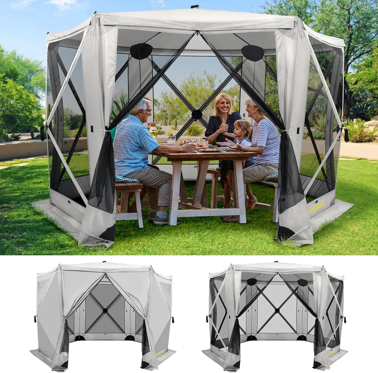 

6 Sided Pop Up Gazebo Tent, Camping Screen Tent for 6-8 Person Foldable, Pop-Up Canopy Shelter with Mesh Windows, UV Resistant,