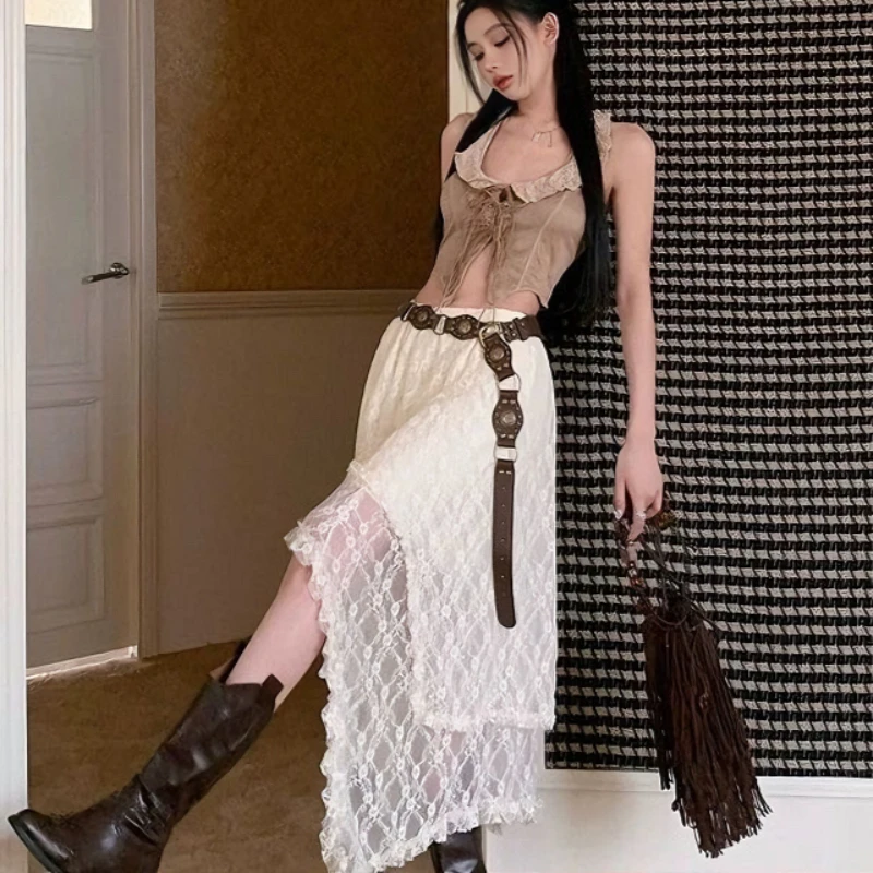 패션 하라주쿠 여름 빈티지 비대칭 불규칙 레이스 트림 홀터 드레스 레이어드 스커트 여성 패션 앙상블 고스 스커트