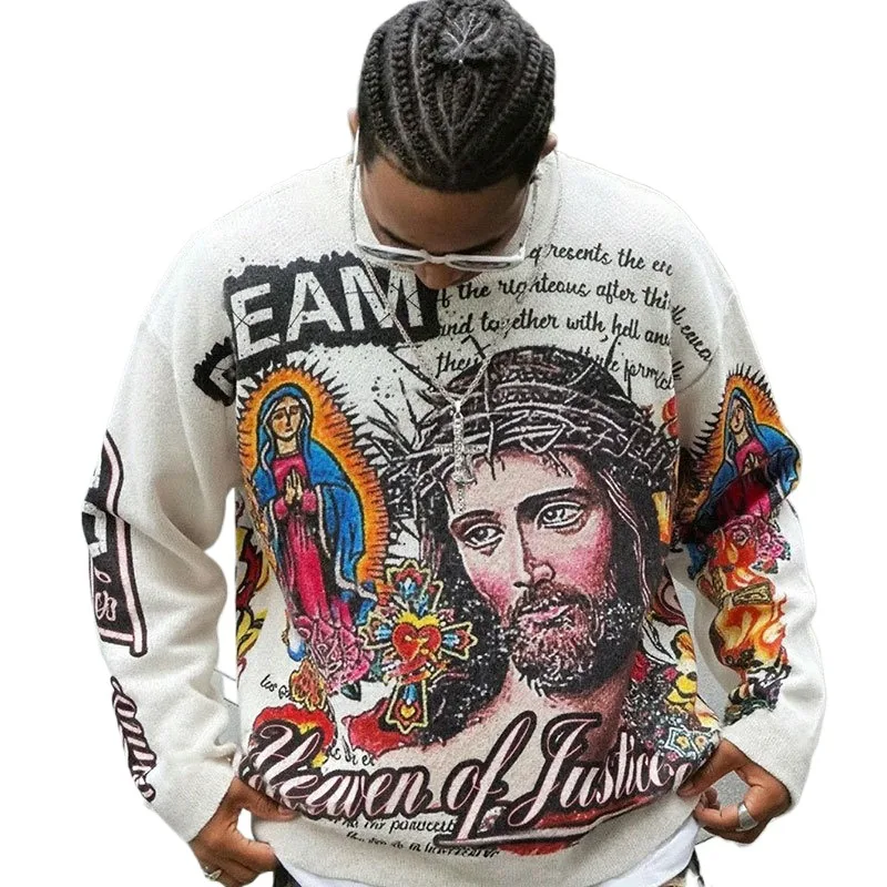

Men's High Street Oversized Hip Hop Sweater Digital Printed Knitted Jumper Loose Fit Y2K Vibe Style Pullover Knitwear Punk Style