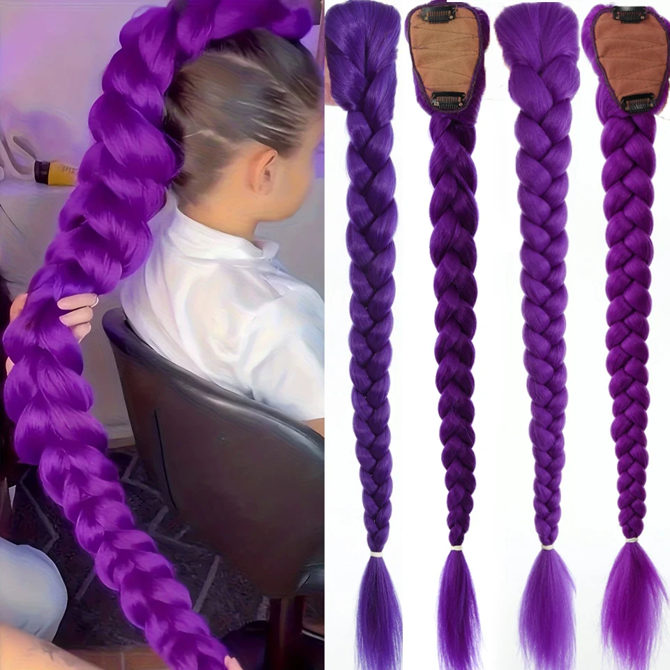 Synthetic Braided Purple Hair Ponytail Costume Hairstyle 26inch Long Ponytail with Clips for Kids Girls Halloween Christmas