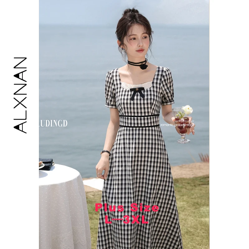 

ALXNAN Plus Size Black Plaid Dress Elegant Long Square Neck Short Sleeve Dress 2026 Summer Casual Holiday Female Clothing D10612