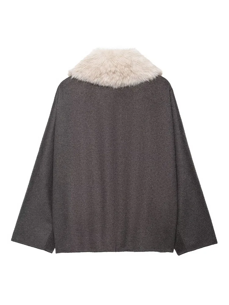 

HH Autumn Woman Elegant Faux Fur Effect Neckline Button Pockets Decorate Coat Women Lapel Long Sleeves Loose Street Style Jacket