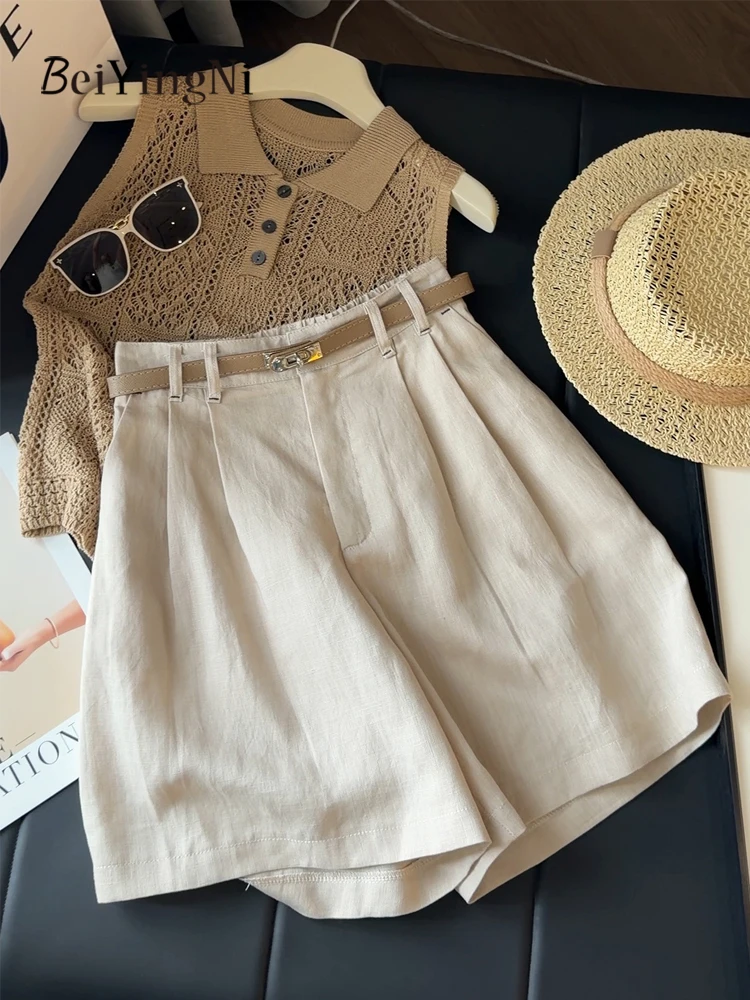 Beiyingni Old Money Style Retro Women's Shorts Cotton Linen Loose Wide Leg Pants Female Vintage Casual Commute High Waist Shorts