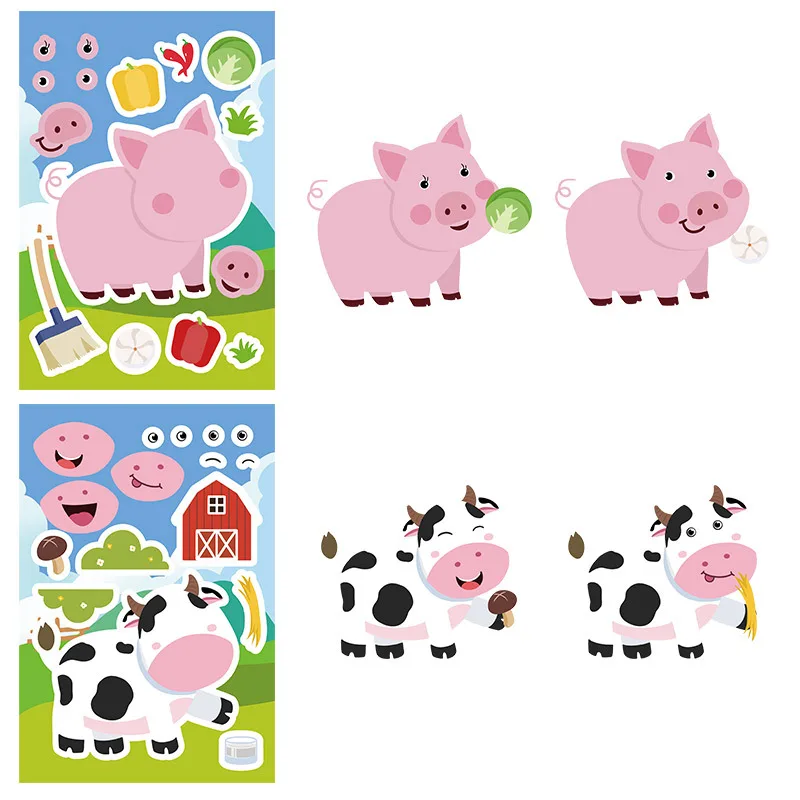 8/16Sheets Animal Farm Make a Face Puzzle Stickers Kids Funny Professional Dress Change Cartoon DIY Decals Boys Girls Party Toys