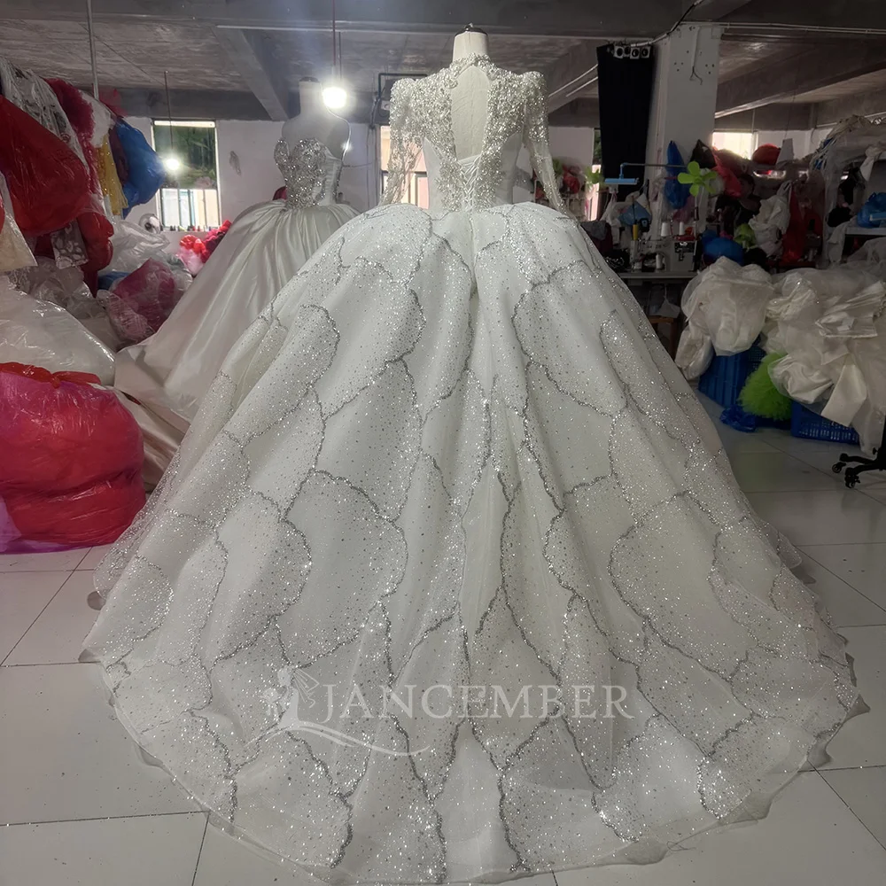Sparkling Beading Ball Dress V-neck Long Sleeve Full Crystal Wedding Dress Bridal Dress Customized vestidos de novia boda