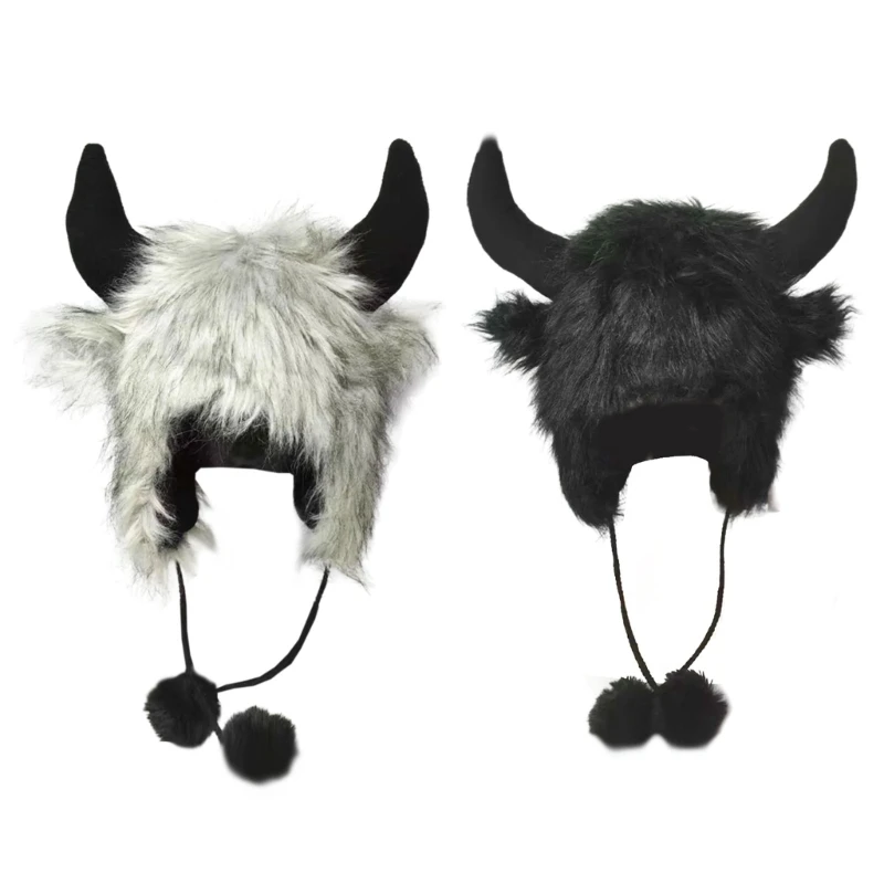 Horn Earflap Hat With Plush Texture, Trapper Headwear for Cold Weather Outings, Travel, Theme Wear, and Photos