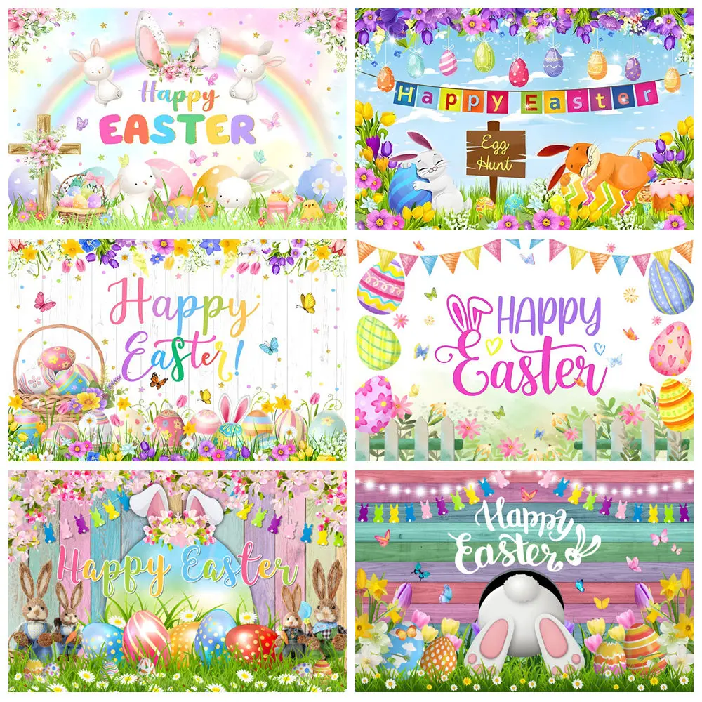 2025, fröhlicher Ostertag-Hintergrund für Fotografie, Frühling, Ostern, Kaninchen, Blume, Ei,