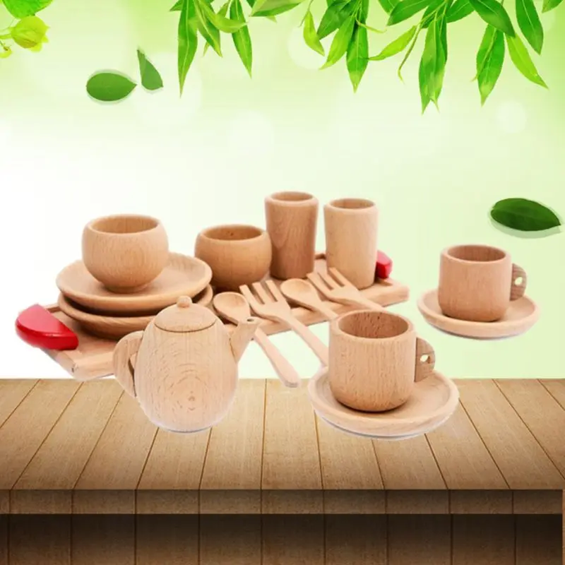 

4XBD 1Set Wooden Tableware Tools Tea Pot Tea Cup Teatime Party for Play Toy Dollhouse