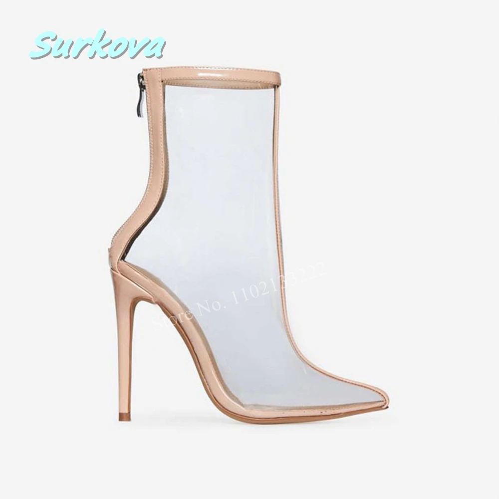 Rose Red Transparent Ankle Boots News Solid Thin High Heel Pointed Toe Autumn Fashion Back Zipper Women Party Sweet Shoes