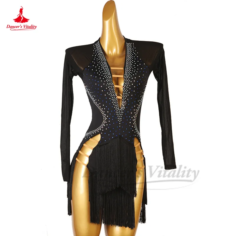 

Latin Dance Professional Dress Black Long Sleeves Ramba Performance Dress Custosmized Children Female Rumba Chacha Dresses