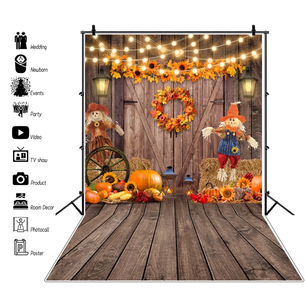 Halloween Bat Photography Backdrop Brown Wood Floor Autumn Fall Hay Pumpkin Maple Leaves Baby Portrait Photographic Background