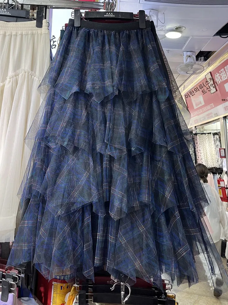 

Spring Summer 2025 High Waist Draped Me Skirt Women's Plaid Asymmetrical Midi Skirt Vintage Sle with A-Line Silhou...