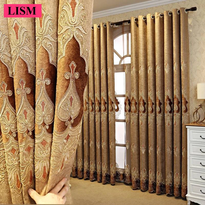 

Luxury Atmosphere European Embroidery Chenille Thickened Living Room Bedroom Blackout Curtains Without Punching Simple Modern