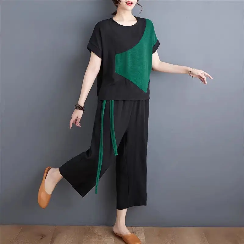 Casual Pants Set Summer Large Size Loose Contrast Slim Short Sleeve Fashion Sports Suit Two Piece Outfits Women Tracksuit Z1807